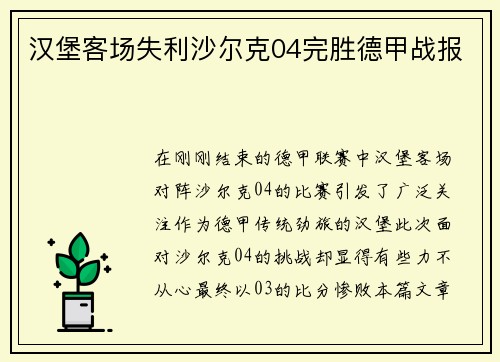 汉堡客场失利沙尔克04完胜德甲战报