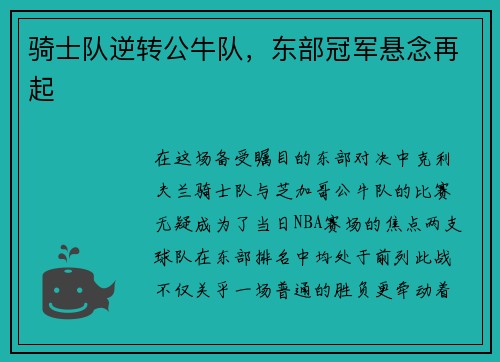 骑士队逆转公牛队，东部冠军悬念再起