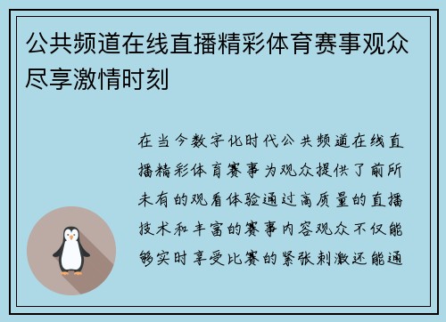 公共频道在线直播精彩体育赛事观众尽享激情时刻